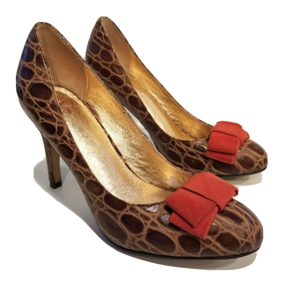 Miss Albright Anthropologie Darra Brown Croc Leather Pumps Size 6 Heels Red Bow